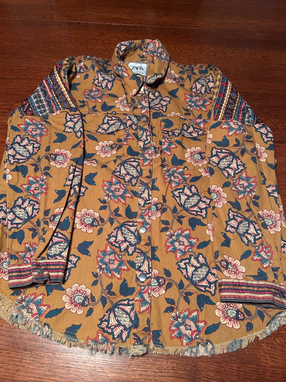 Zara Vintage RARE Mustard Floral Button-Up Shirt Jacket with Navy & Pink Accents